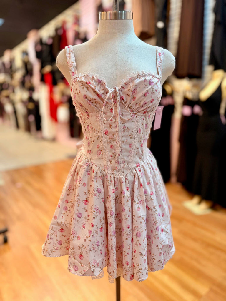 honey pink floral print mini dress Honey And Daydreams Floral Print A-Line Mini Dress (Baby Pink)